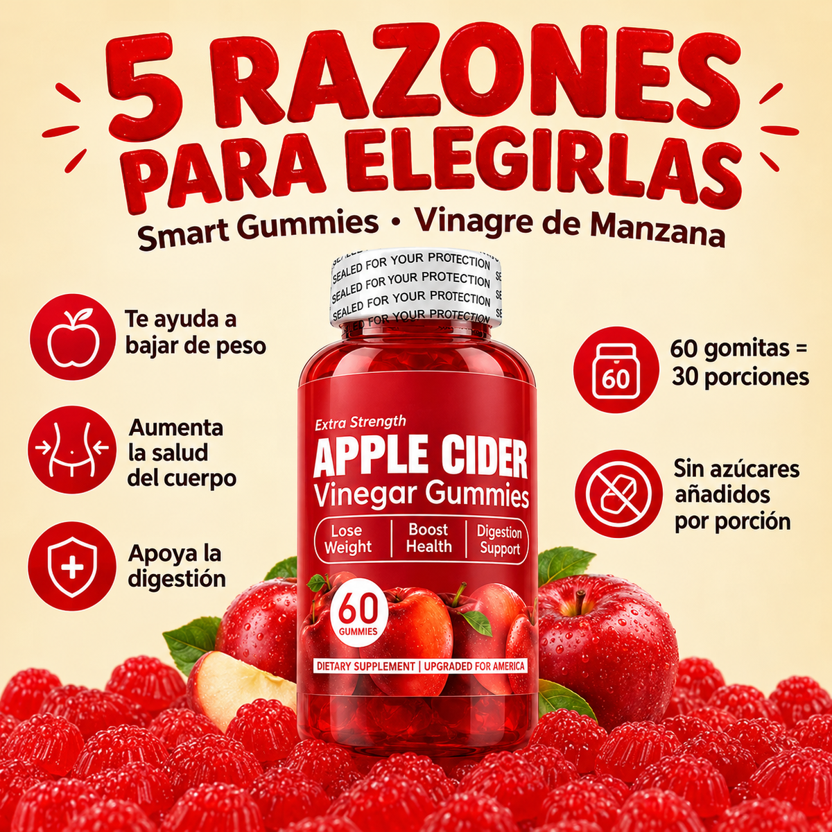 Gomitas de Vinagre de Manzana Extra Fuerza (Apple Cider Vinegar Gummies) - 60 gomitas