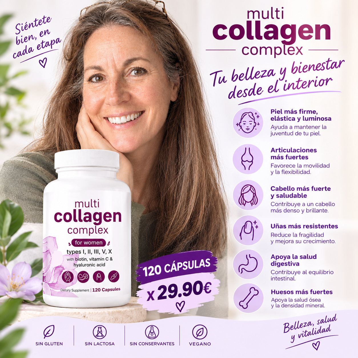 Colageno Multi Complex para Mujer - 120 Capsulas con Biotina, Vitamina C y Acido Hialuronico.