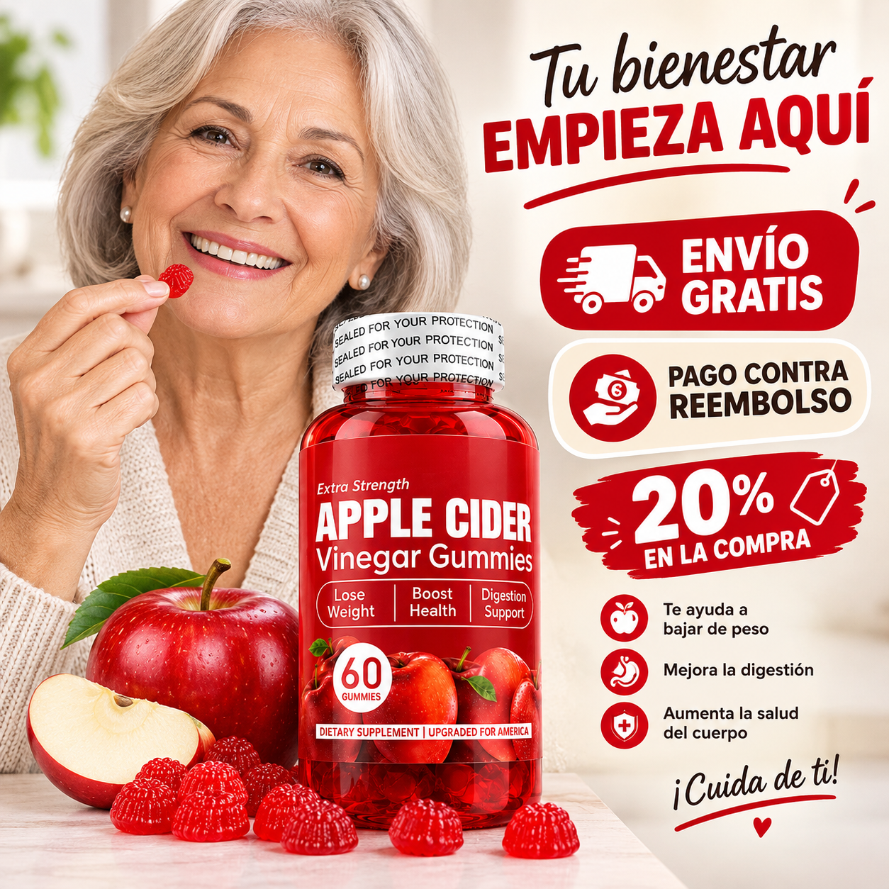 Gomitas de Vinagre de Manzana Extra Fuerza (Apple Cider Vinegar Gummies) - 60 gomitas