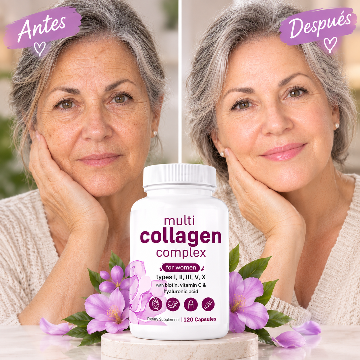 Colageno Multi Complex para Mujer - 120 Capsulas con Biotina, Vitamina C y Acido Hialuronico.